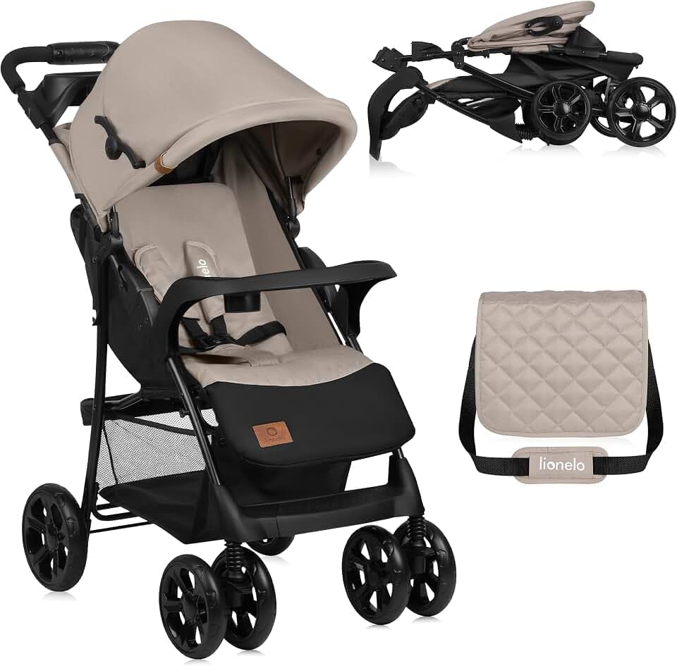 LIONELO Emma Plus Kinderwagen bis zu 15 kg, Kindersportwagen | leicht modern klein Buggy mit Liegeposition, zusammenklappbar, große Räder, großer Korb, Tasche Stone