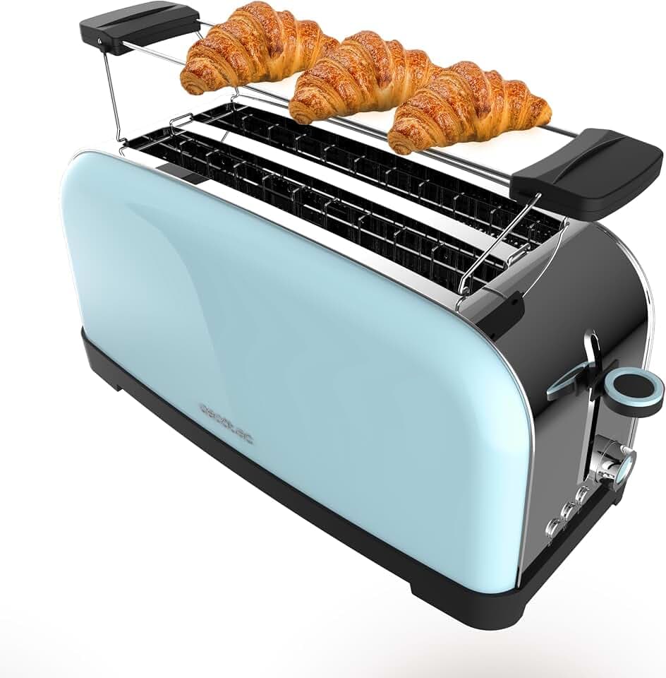 Cecotec Vertikaler Toaster mit 2 langen Schlitzen Toastin' Time 1500 Blau. 1500 W, 4 Brotscheiben, 3,8 cm breiter Schlitz, Brötchenaufsatz und Krümelschublade, Edelstahl und Blau