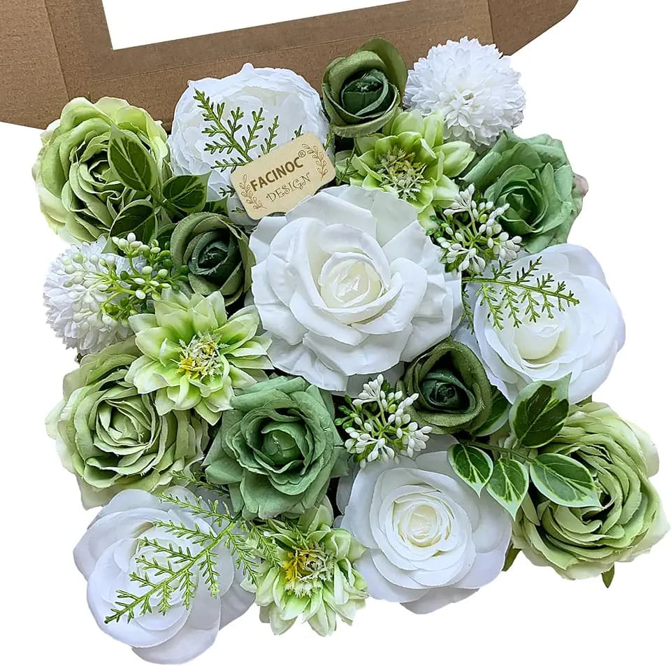 FACINOC Rose Artificial Flowers White Sage Green Bouquet Fake Flower Bulk