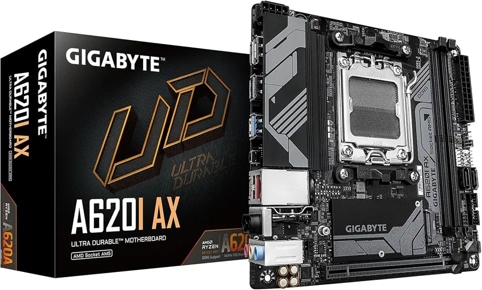 GIGABYTE A620I AX (AM5/ LGA 1718/ AMD/ A620/ Mini-ITX/ 5-Year Warranty/ DDR5/ Single M.2/ PCIe 4.0/ USB 3.2 Gen1 Type-C/Realtek Wi-Fi 6E/ Realtek 2.5GbE/ Q-Flash Plus/PCIe EZ-Latch/Motherboard)