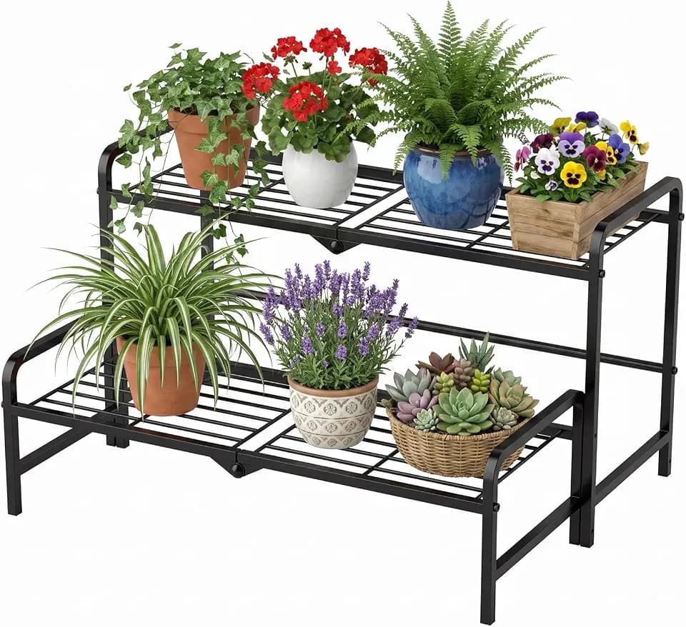 Pflanzenständer Metall 2-stufiger umwandelbarer Blumenständer Pflanzenregal | für Outdoor Balkon Garten, Multifunktionales Blumenregal mit großer Kapazität, Stapelbare Aufbewahrung Plant Stand, Schwarz