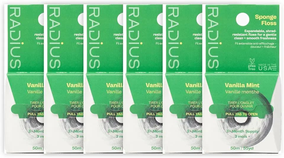 RADIUS Vegan Sponge Floss, Soft Expanding Dental Floss for Sensitive Gums and Tight Teeth, PFAS Free, Vegan, Plastic Free Packaging, 50m / 55 yd, Vanilla Mint, Pack of 6