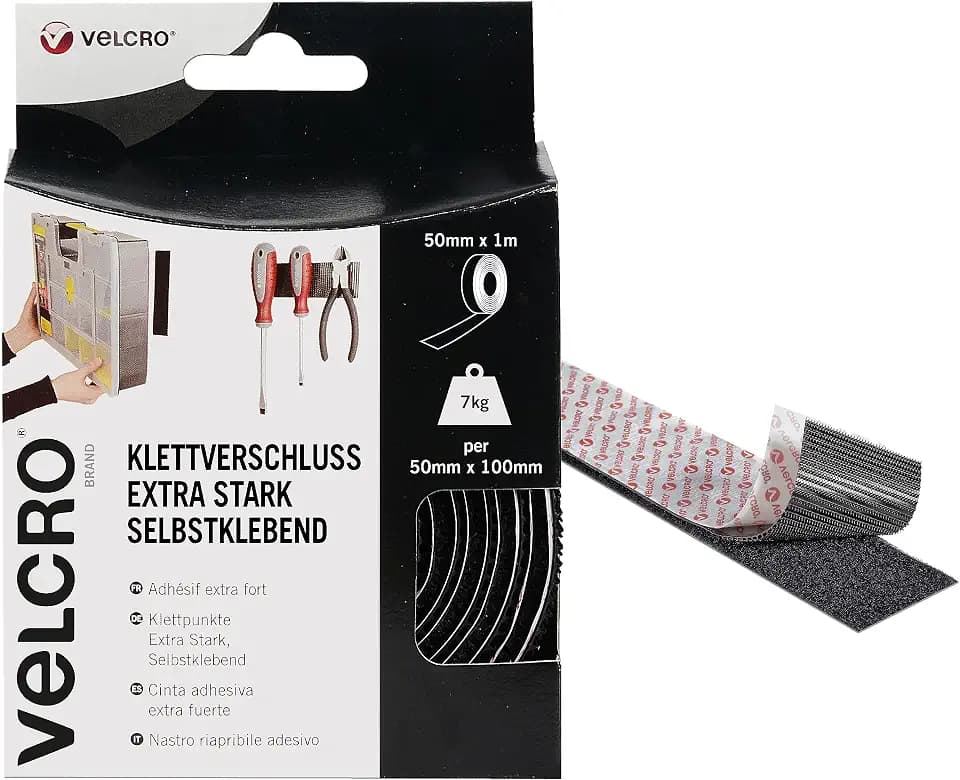 VELCRO Marke | Klettband Selbstklebend | Zuschneidbares industrielles extra starkes doppelseitiges selbstklebendes Klettband mit Klettverschluss | Schwarz | 50 mm x 1 m