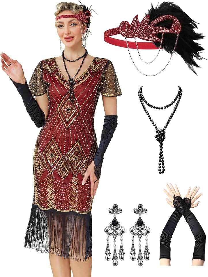 MTITE 1920s Dresses for Women, Great Gatsby Dresses Roaring 20s for women, Sheer Beaded Sleeves Costume with accessories
