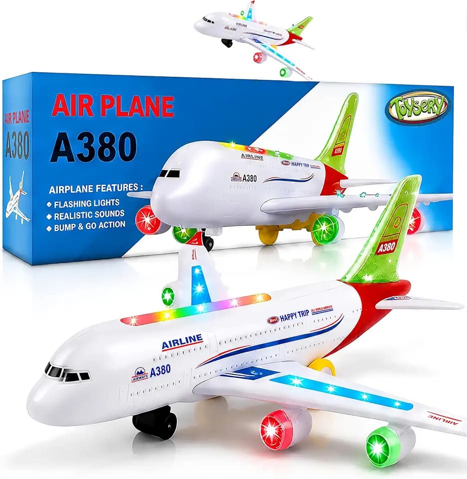 Toysery Airbus A380 Bump and Go Airplane Toy, Lights & Sounds, Ages 3-12