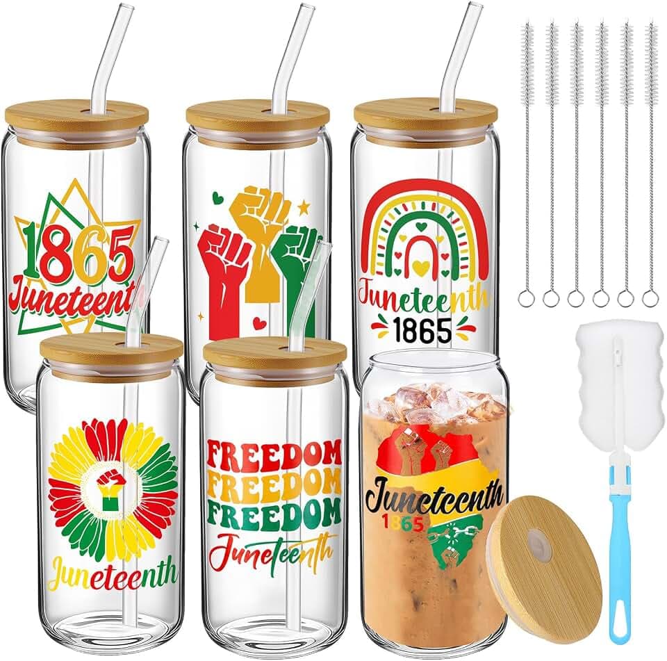 6 Pcs Juneteenth Glass Cups Celebrate Freedom Party Favors Gifts Tumbler with Lids and Straws Bulk 16 oz Reusable Can Shaped Drinking Glasses for Juneteenth Party Supplies