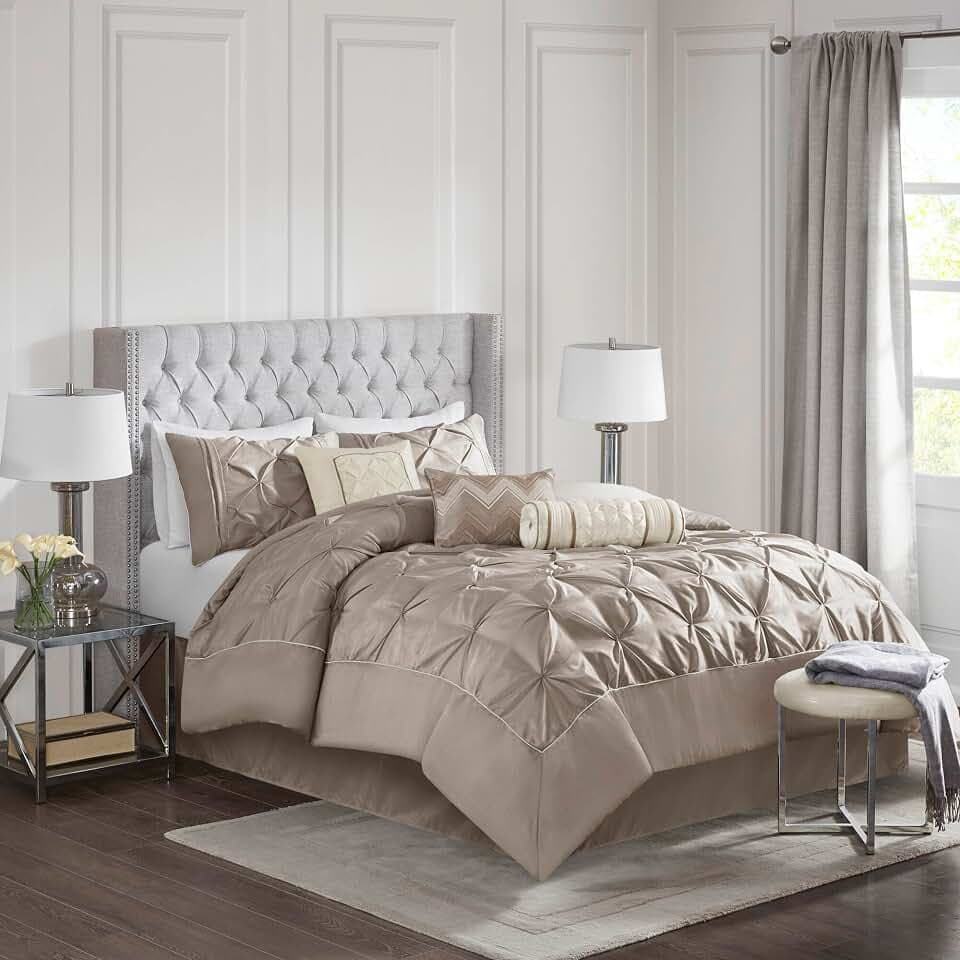 Madison Park Laurel Cozy Comforter Set - Traditional Tufted Faux Silk Design, All Season Down Alternative Bedding with Matching Shams, Decorative Pillow, Taupe Cal King(104"x92") 7 Piece