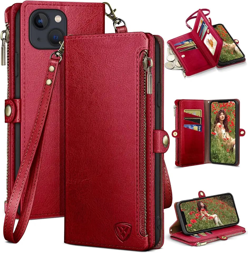 XcaseBar Compatible with iPhone 13 6.1" Wallet case with Zipper Credit Card Holder【RFID Blocking】,Flip Folio Book PU Leather Phone case Shockproof Cover Men Women for Apple 13 case Red