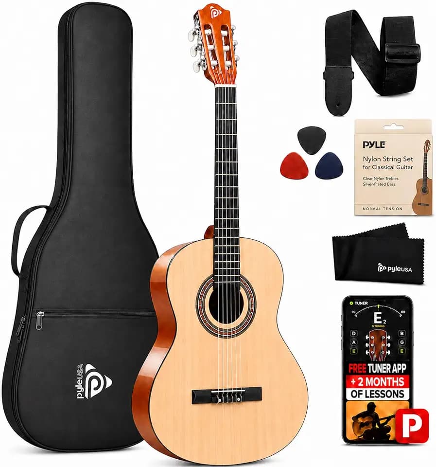 Pyle Beginner Acoustic Guitar Kit, 3/4 Junior Size All Wood Instrument with Full Accessory Kit, Picks, Shoulder Strap, Carry Case, Cleaning Cloth, Tuner App, 2 Month Lessons, 36”