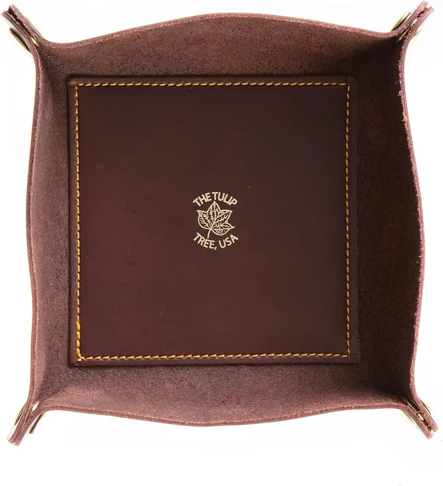 USA Handmade Premium Leather Valet Tray, Folds Flat! Dice Rolling Basket and Organizer with Brass Snaps (Burgundy Gold, Medium)