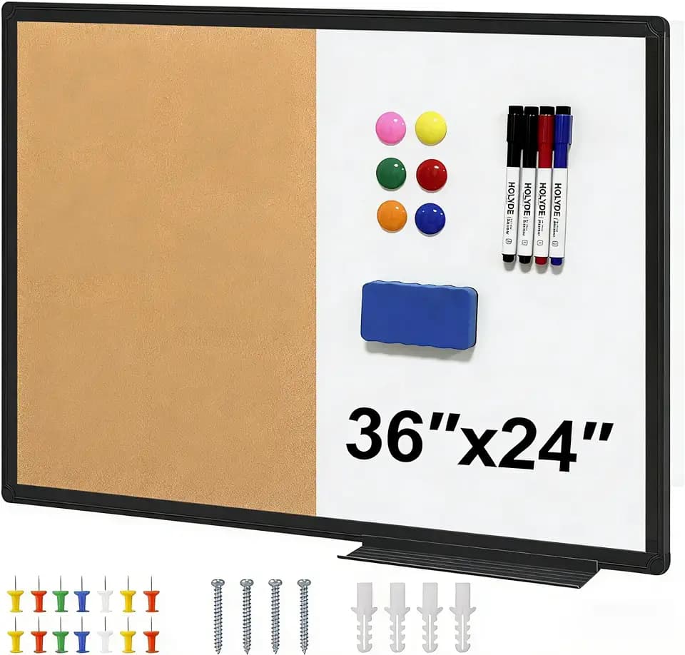 Cork Board White Board Combo, 36" X 24" Magnetic Whiteboard Bulletin Combination Board, Black Aluminum Frame Vision Board with Dry Erase Markers, Magnets, Eraser and Pushpins for Office, Home & School