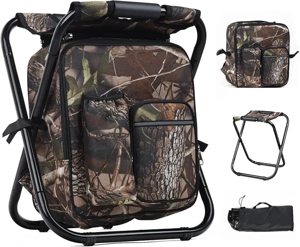 Kompakter Campinghocker mit 15L Abnehmbarer Kühltasche, Leichter Sitzrucksack mit Klappbares Gestell, Stabiler Klapphocker Faltbar für Angeln Picknick Trekking Jagd Wandern