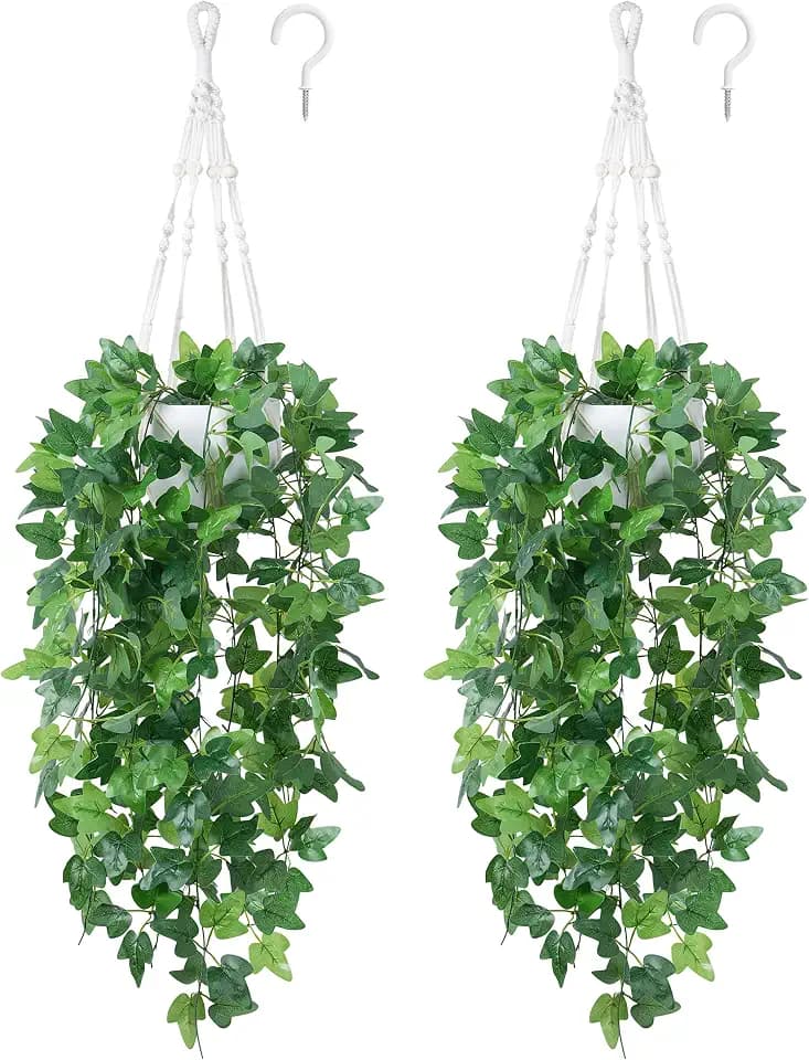 DREAMLOOM 2 Packs Fake Hanging Plants with Pots, Artificial Ivy Hanging Plants with Macrame Hanger for Indoor Decor, Fake Hanging Vines Faux Greenery for Home Kitchen Office