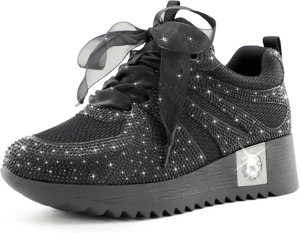 FINDVELL Women's Fashion Glitter Sneakers Platform Wedge Shoes Sparkly Rhinestone High Top Sneakers Trendy Sequin Shoes Wedding Bride Dress
