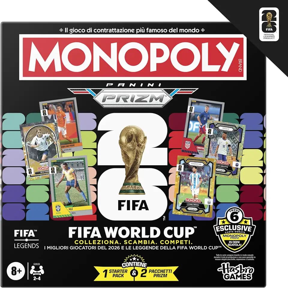 Monopoly Panini Prizm: FIFA Weltmeisterschaft I Fußball-Brettspiel mit Sammelkarten Monopoly Panini Prizm FIFA Weltmeisterschaft 2026 I Ab 8 Jahren - Italienische Version