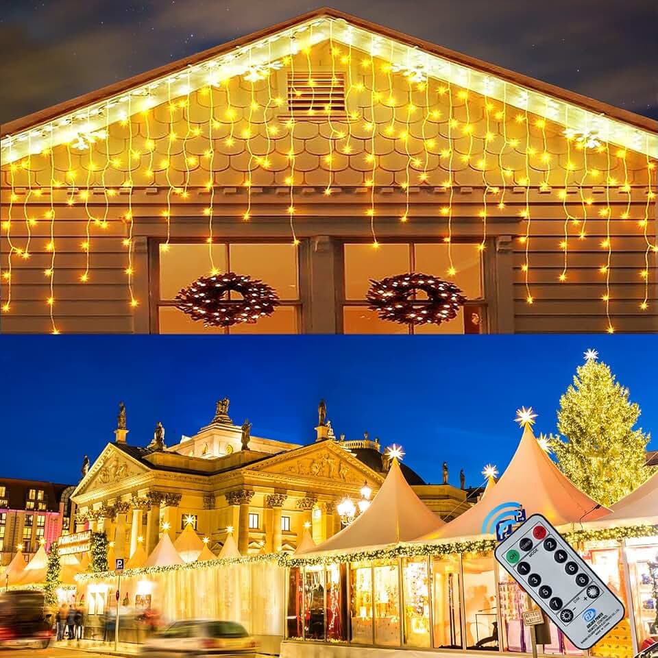 400 Led Eisregen Lichterkette Außen/Innen,10.8M IP44 Weihnachtsbeleuchtung Wasserfall Lichtervorhang mit 8 Modi, Timer, Dimmbar Lichterkette mit Fernbedienung für Weihnachts Deko Balkon (Warmes Weiß)