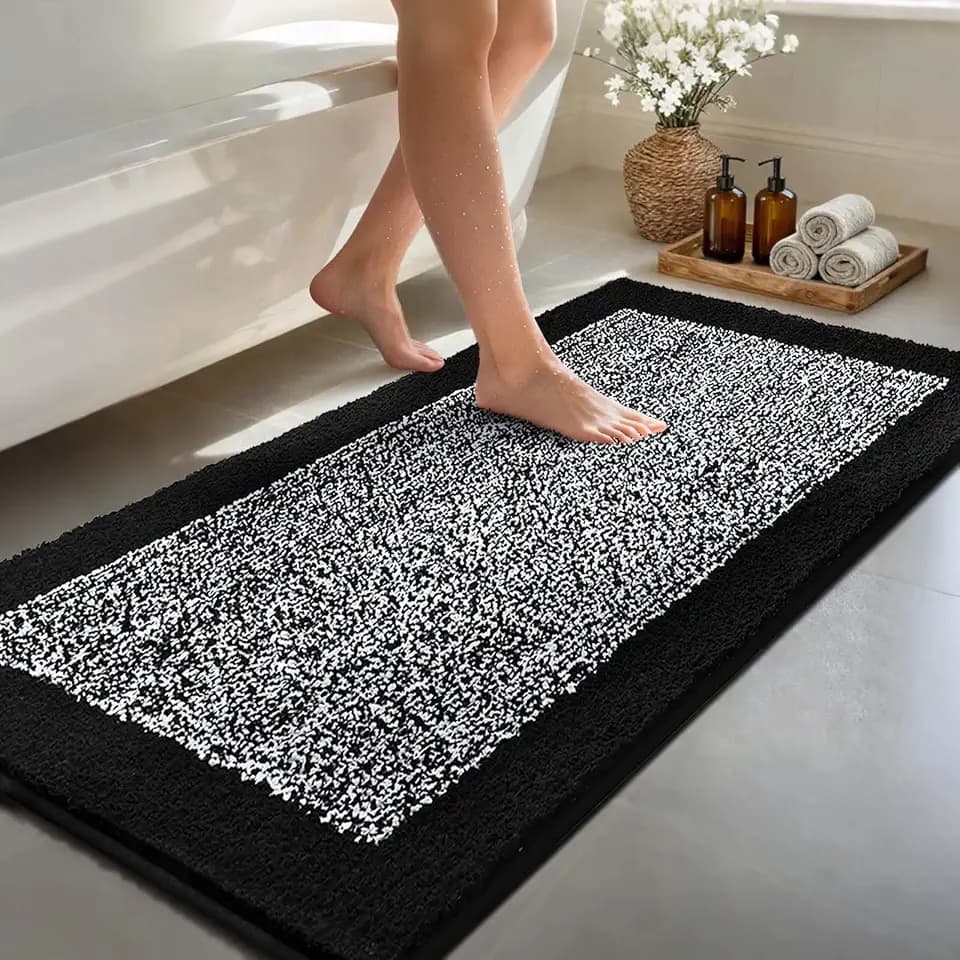 48x24 Long Bathroom Rugs Non Slip Washable, Soft Absorbent Bath Mat Black