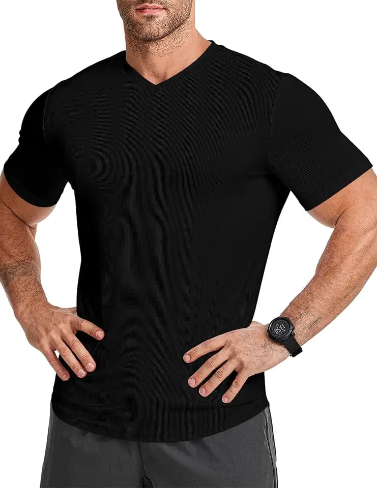 JMIERR Men's Texture V-Neck Short Sleeve T-Shirt