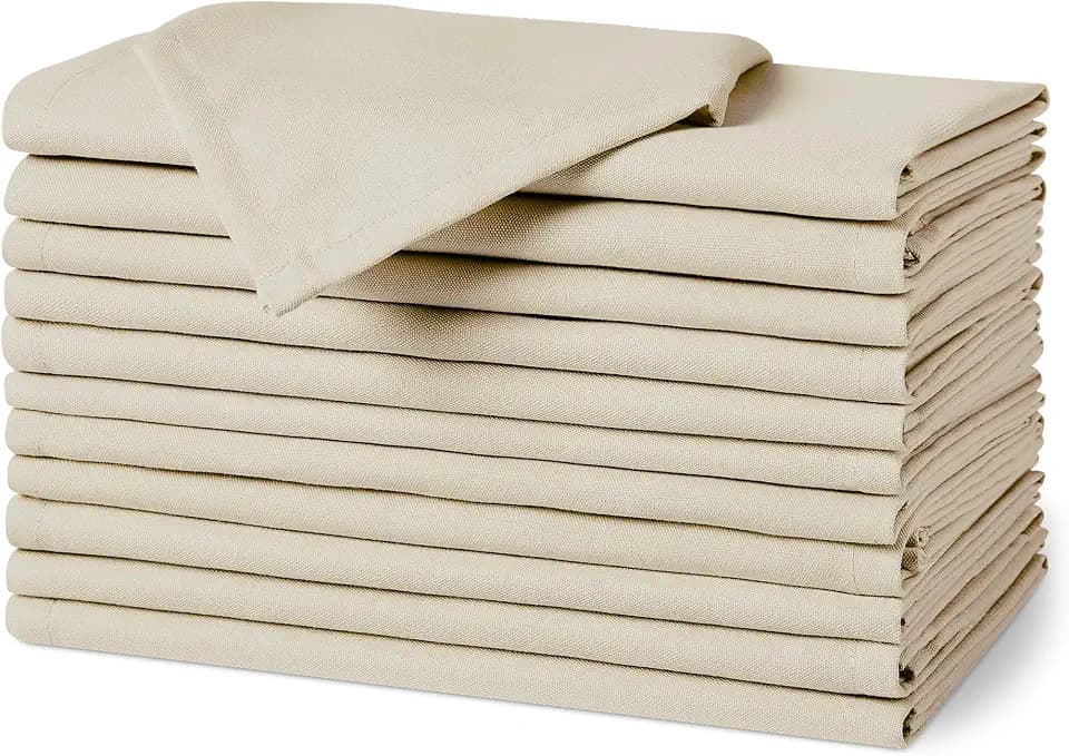Amazon Basics Wiederverwendbare schmutzabweisende und knitterfreie Stoffservietten, 12er-Pack, 43 x 43 cm, Beige