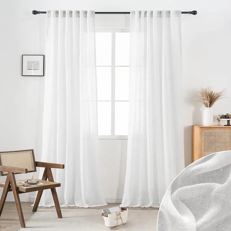 Greyish White Linen Sheer Curtains 90 Inches Long for Living Room 2 Panels Back Tab Rod Pocket Draperies Light Filtering Semi Boho Curtains for Bedroom Modern Farmhouse Cottage Decor 52x90 Inch Length