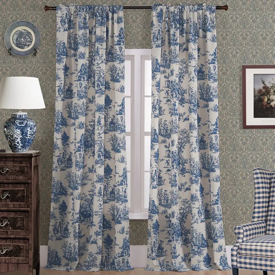 Blue Toile Window Curtains Drapes for Living Room 90 Inch Long 2 Panels Set Long Sheer Cotton Textured French Country Floral Vintage Victorian Semi Blackout Farmhouse Darkening Curtain for Bedroom