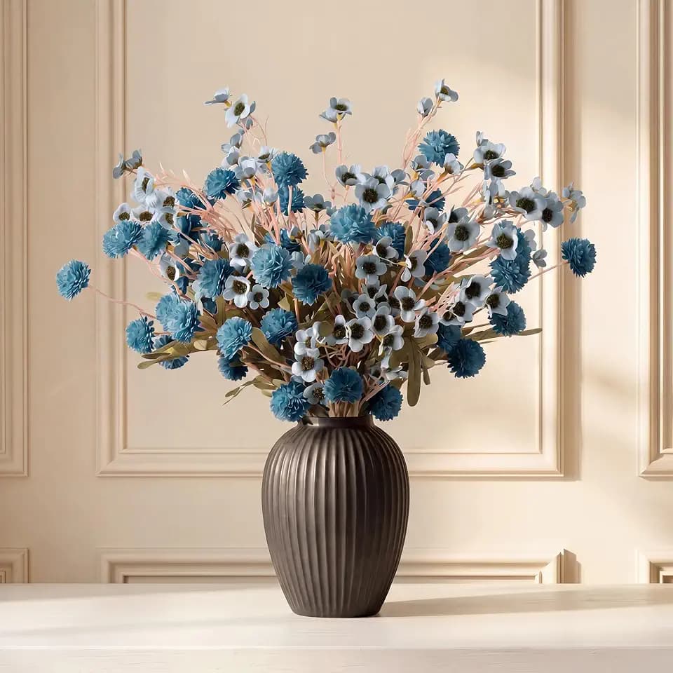 Pinkpum 20 Stems Blue Fake Mums & Kiku Artificial Flowers for Vase Decor