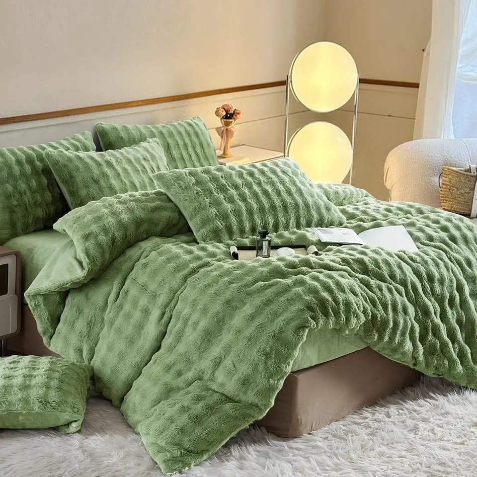 Plüsch Bettwäsche 200x220 Winter Warm Grün Langhaar Bettwäsche Winter Super Weich Flauschig Kaninchenfellimitat Bettbezug Set Plüsch 3 Teilig mit Reißverschluss und 2 Kissenbezüge 80x80 cm