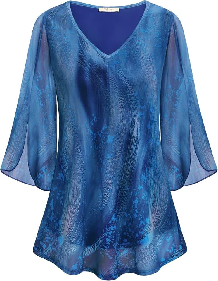 Bebonnie Womens Ruffle 3/4 Sleeve V Neck Double Layers Mesh Blouses Loose Fit Flowy Tunic Tops