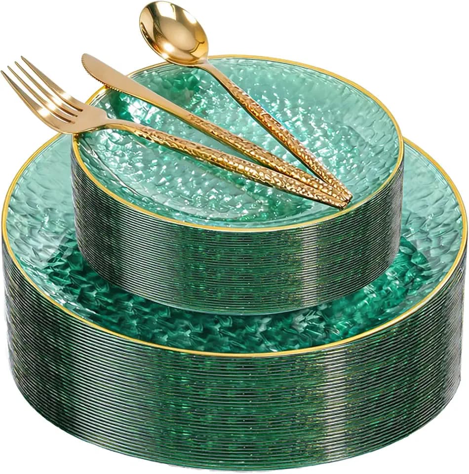 I00000 150 Pcs Clear Green Plastic Plates, Disposable Hammer Party Plates