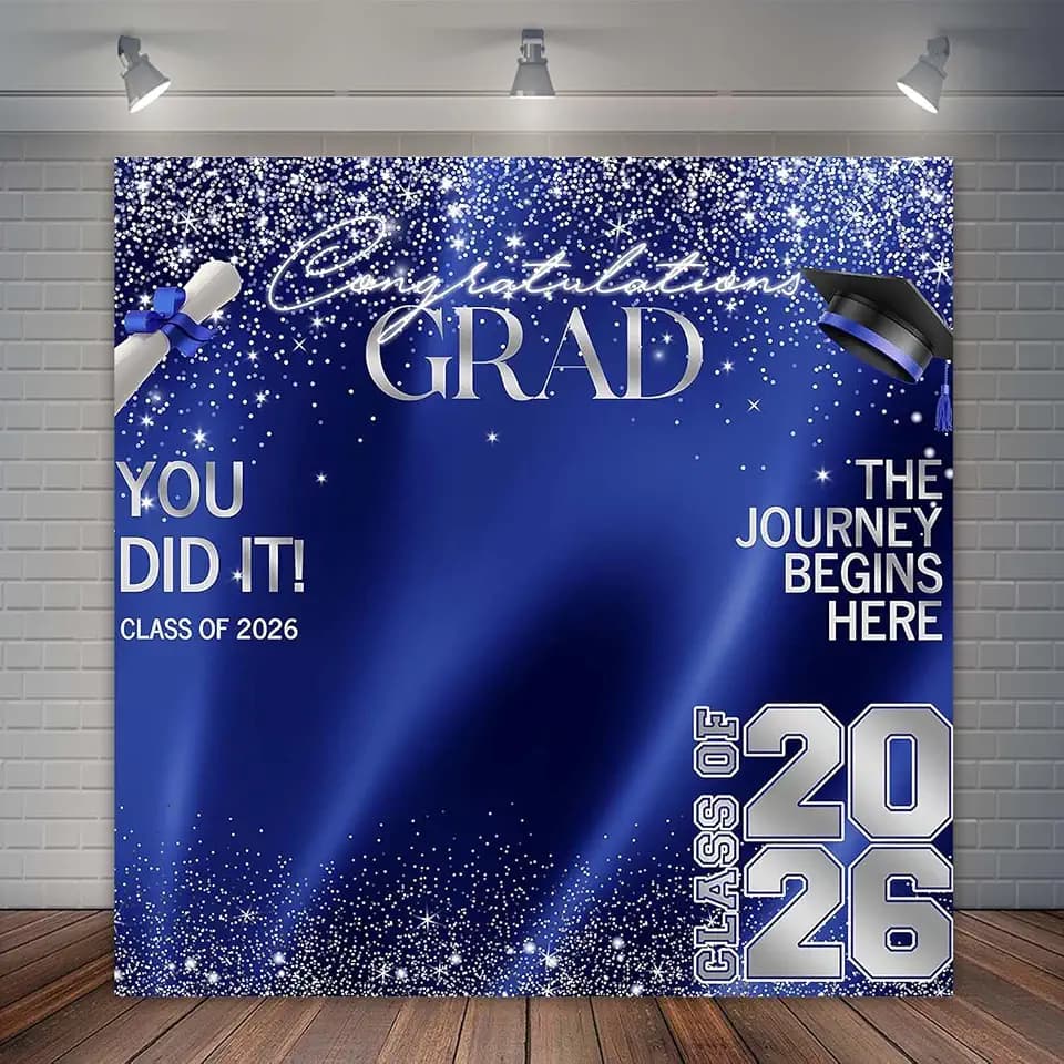 Class of 2026 Graduation Backdrop Blue and Silver Congrats Grad Party Decorations Congratulations Graduates Photography Background Cake Table Banner (6x6ft)