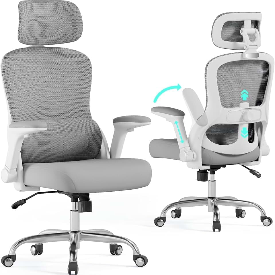 TRALT Bürostuhl Ergonomisch - Bürostuhl - Gaming Stuhl mit Verstellbare Kopfstütze Lordosenstütze Home Office Desk Chair - Schreibtischstuhl Computerstuhl für Große Menschen Mesh-Stuhl 150kg Grau