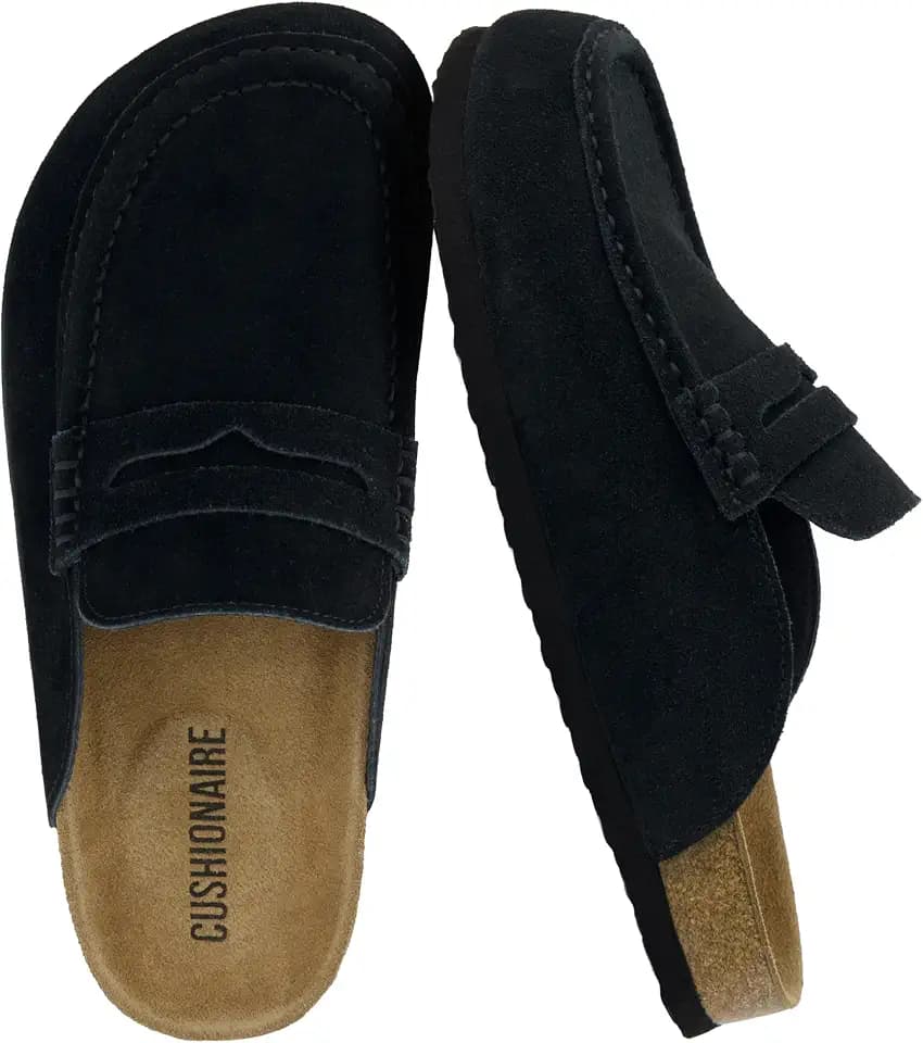 CUSHIONAIRE Fondu Genuine Leather Mule Clogs for Women, Comfortable Slip On Womens Shoes with Penny Strap Accent and Memory Foam Footbed