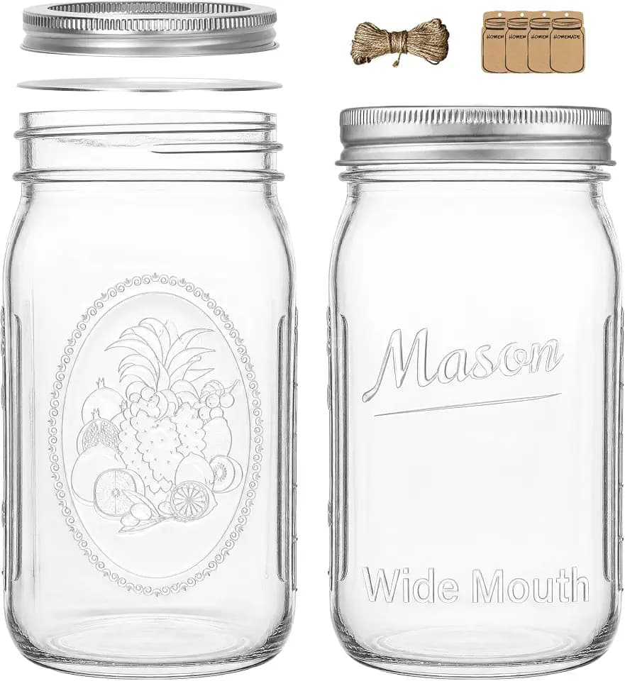 CycleMore Mason Jars 32 oz, 2 Pack Embossed Glass Jars with Silver Split Lids, Quart Mason Jars with Measurement Lines and for Sourdough Starter, Pantry Storage, Pickles and Gifts