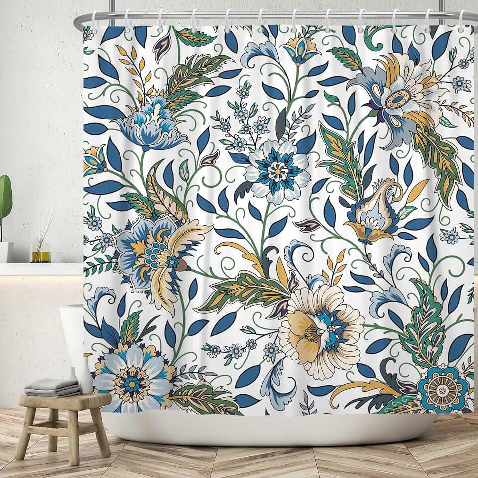 Blumen Duschvorhang 180x200 cm, Frühling Vintage Blau Gelb Boho Blumen Grün Blätter Weiß Bad Waschbar Duschvorhänge Polyester Textil Wasserdicht Badevorhang für Badewanne mit 12 Haken