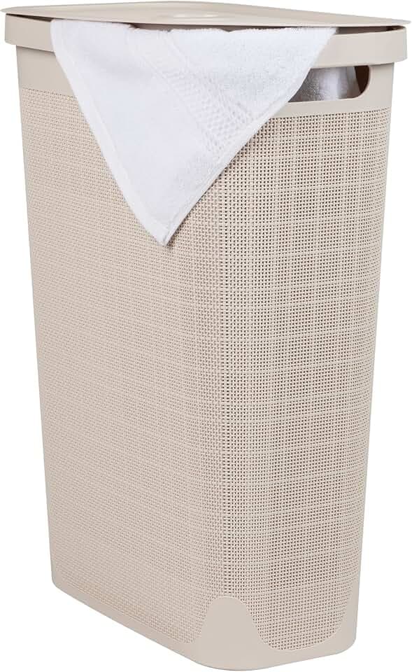 Mind Reader Slim Laundry Hamper with Lid, 40L Clothes Basket, Linen Design, Plastic, Ivory