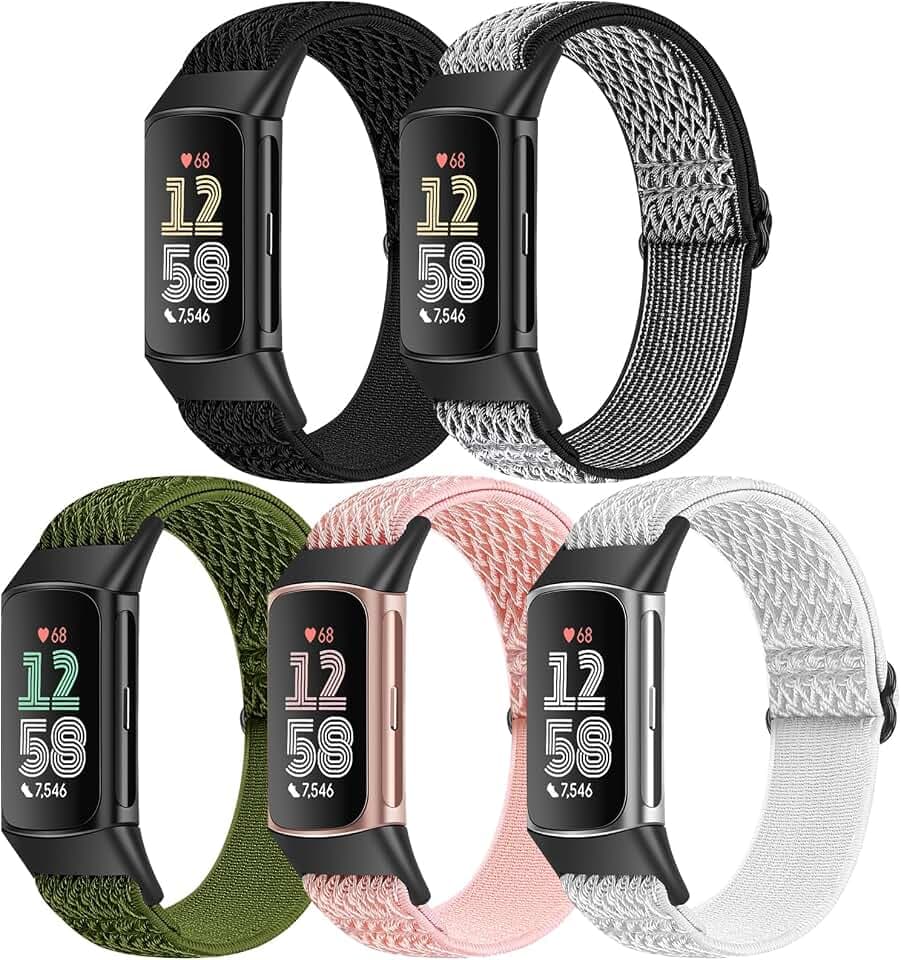 Bcuckood 5 Pack Elastic Nylon Watch Bands Compatible for Fitbit Charge 6/Fitbit Charge 5, Adjustable Breathable Replacement Stretchy Nylon Loop Wristband Sport Strap for Women Men
