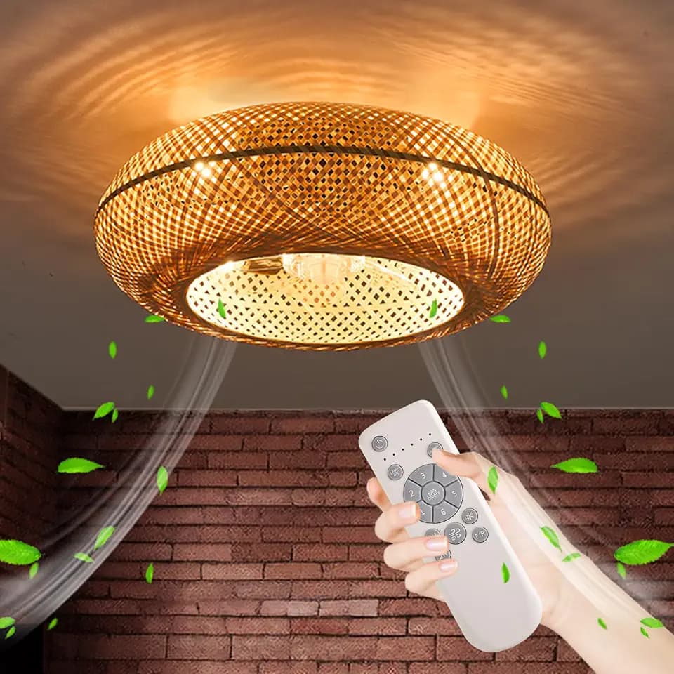 20" Boho Cage Ceiling Fan with Light and Remote Control, Low Profile Bamboo Ceiling Fan, Enclosed Timing 6 Speeds Reversible, for Bedrooms, Living Rooms, Kitchens, Farmhouses