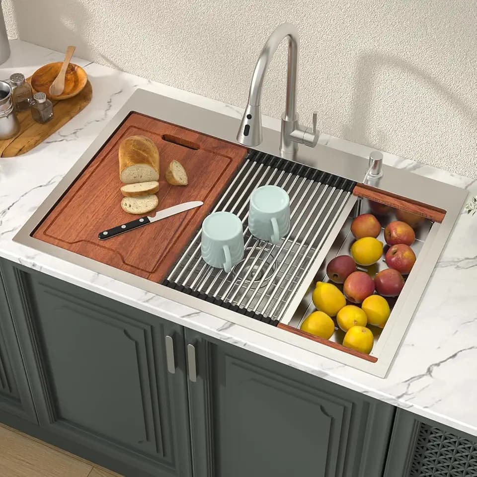 Lordear 33x19x10 Drop In Kitchen Sinks Worktation - 33 Inch Drop Kitchen Sink 16 Gauge 304 Stainless Steel Single Bowl Over Counter Handmade Sink Basin With Built-in Accessories