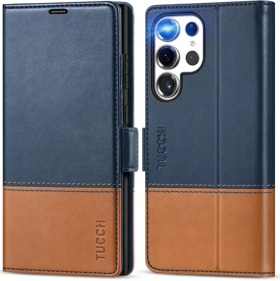 TUCCH Wallet Case for Galaxy S25 Ultra (6.9"), 4 Card Slots, Blue & Brown