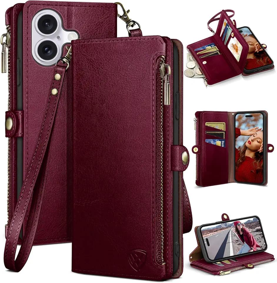 XcaseBar compatible with iPhone 16 6.1" Wallet case with Zipper Credit Card Holder【RFID Blocking】,Flip Folio Book PU Leather Phone case Shockproof Cover Men Women for Apple 16 case Wine Red