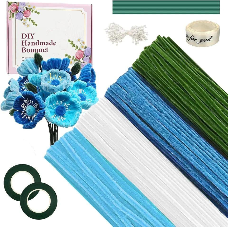 Pfeifenputzer Zum Basteln 400 Stück, 4 Verschiedene Pfeifenreiniger Blumen Set mit Geschenkband, Klebebandrollen, Blumendraht, für Kreative DIY-Projekte, Geschenke und Dekorationen (Blau)