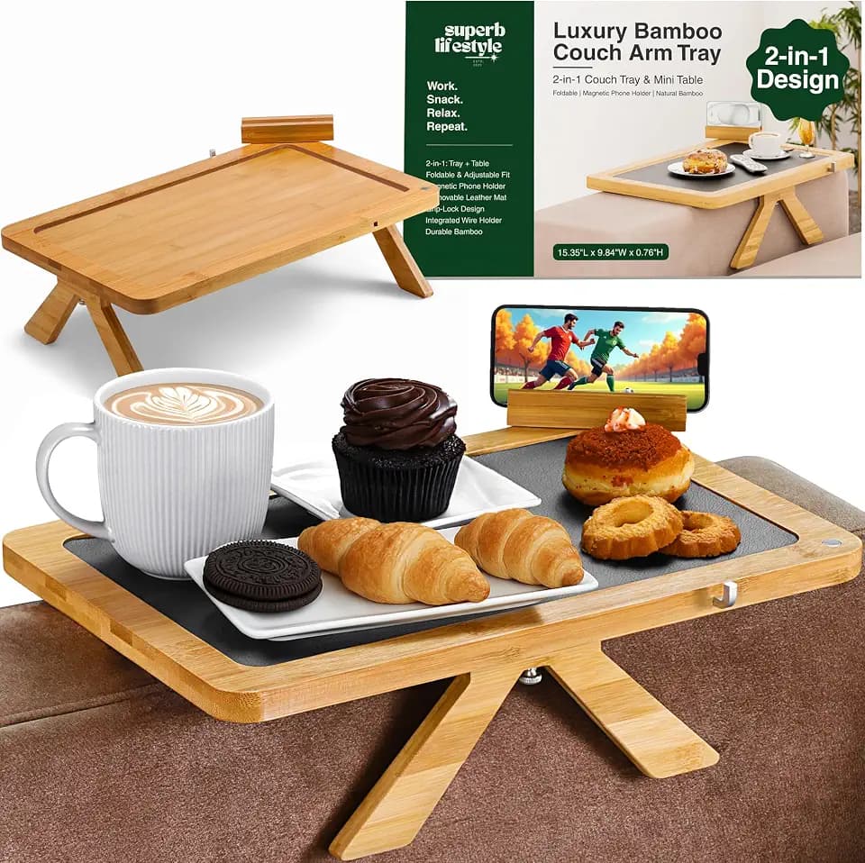 Couch Arm Tray Table with Adjustable Legs - Fits Sofa Arms up to 14"