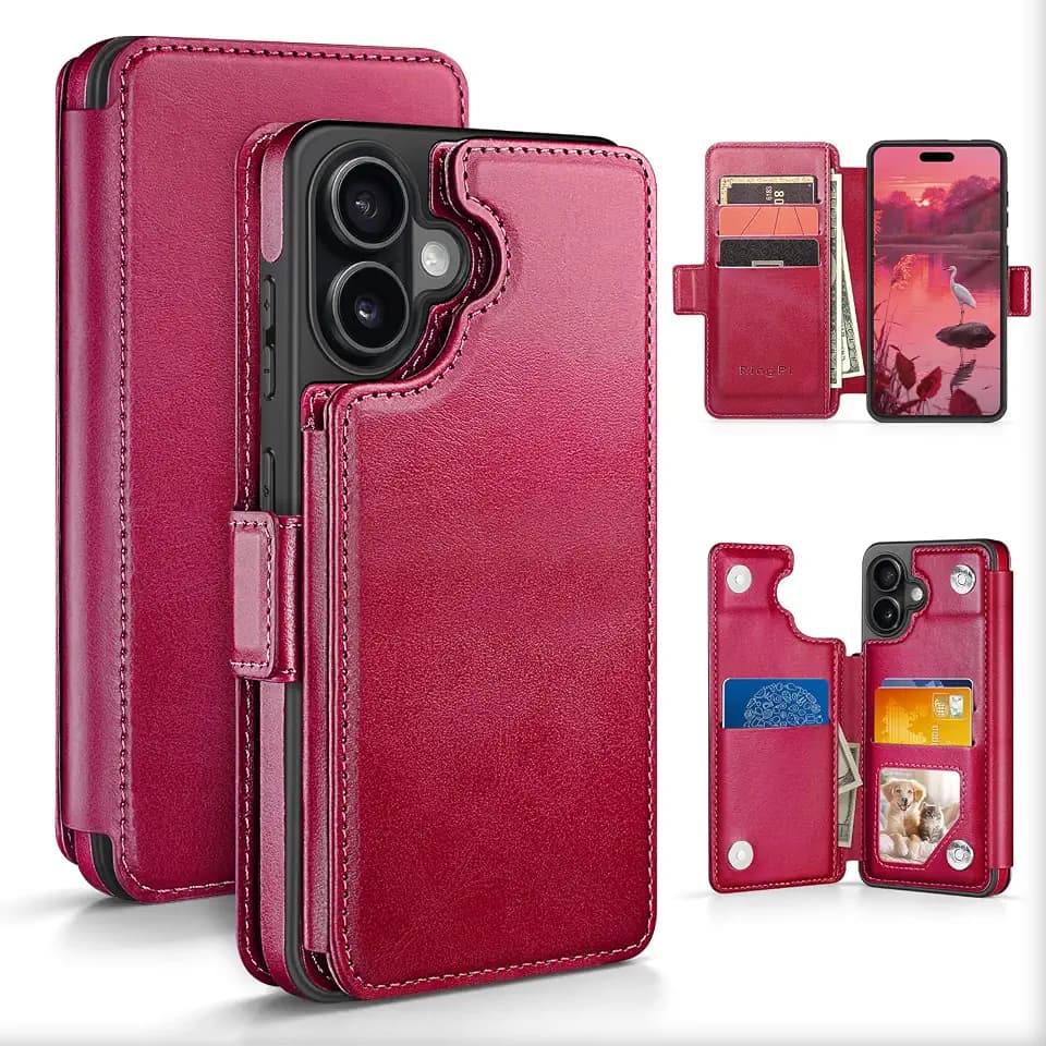 RingPi Designed for iPhone 17 6.3" Case Wallet with Card Holder,[Full Front & Back Protection][Magnetic Clasp Cover][RFID Blocking Leather] Shockproof,Unisex Case for Apple 17, Rose Red
