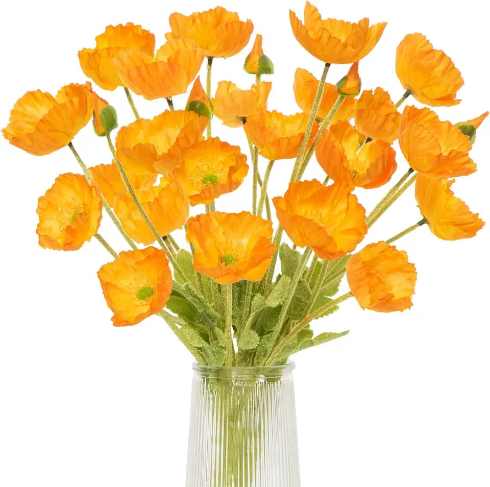 Artificial Poppies, Orange Silk Poppies Artificial Flowers - 24x Blooming California Poppy Flower Artificial Plus 8X Buds for Home Decoration, OROR8