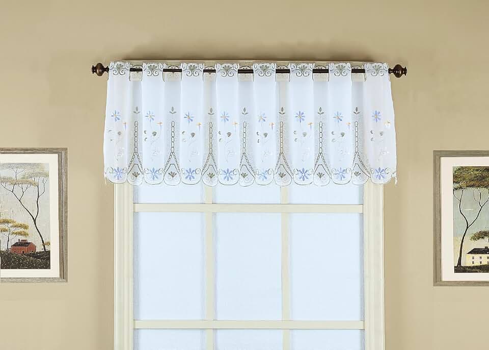 Today's Curtain, Samantha Embroidered Sheer Valance 13", White/Green, 59" W x 13" L
