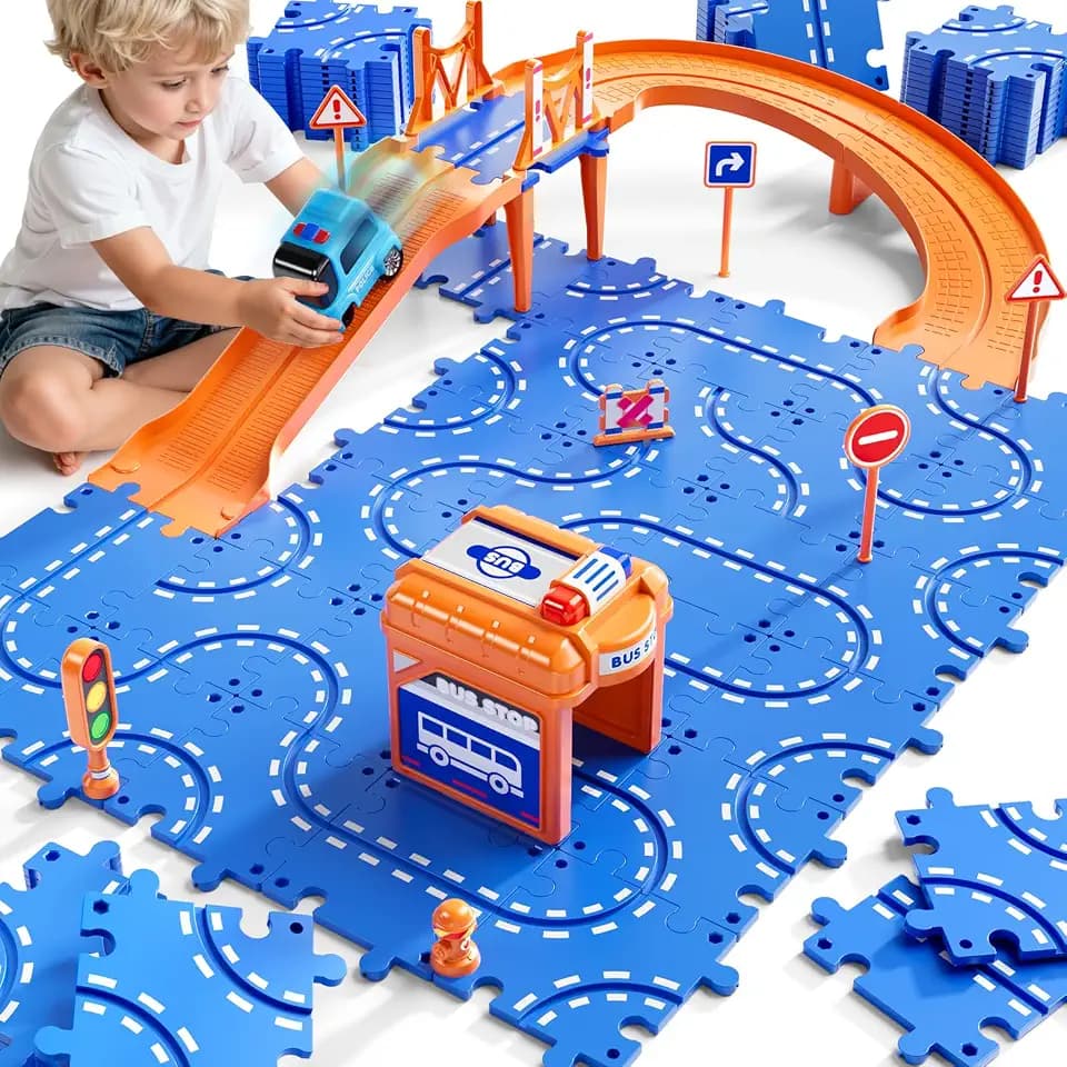 NIPLOOOW Puzzle Race Car Track Set for Kids 3-5, Floor Puzzle Track Car Set, Toddler Toys for 3 4 5 6 Years Old Boys, Toys Gift for Kids Boys Girls Age 3 4 5 6 7 8 Years Old