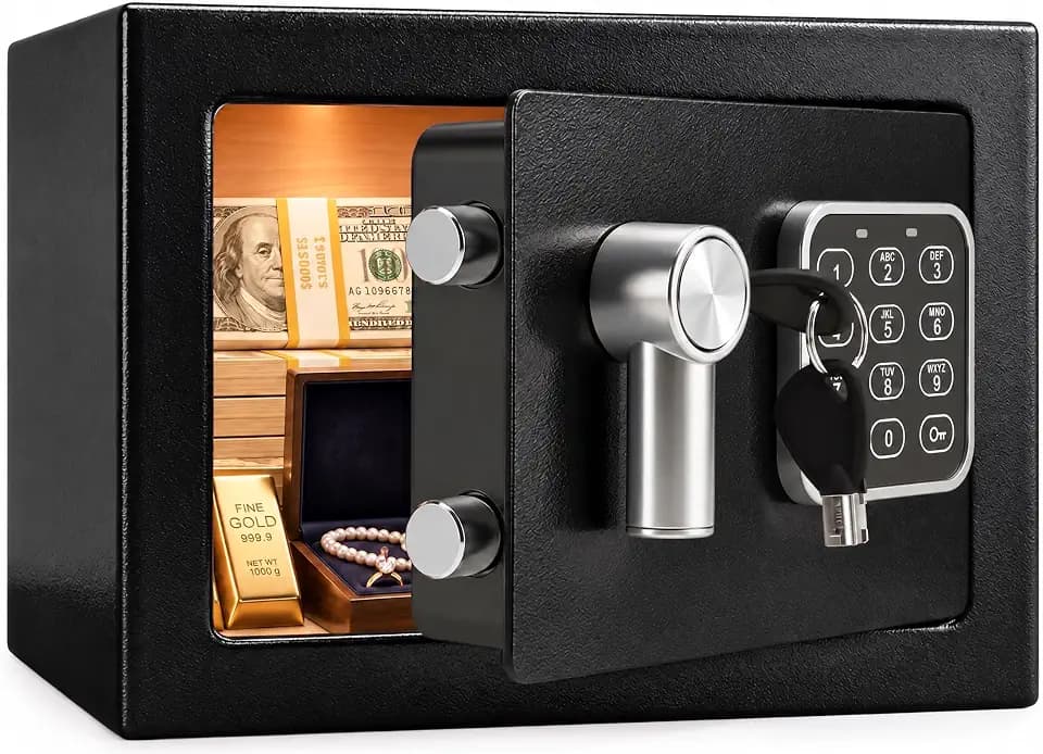 SereneLife Premium Steel Digital Safe Box - 9.1" x 6.7" x 6.7" | Secure Storage for Cash, Firearms & Jewelry | Great For Hotels, Cabinets & Home Use | Electronic & Mechanical Access | 2 Keys | Black