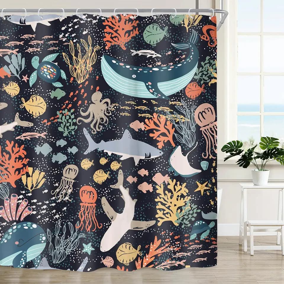 Kids Sea Animal Funny Shark Fish Cartoon Fun Bathroom Shower Curtain Set
