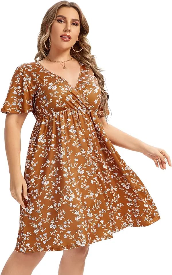 Plus Size Casual Dress Women's V Neck A-Line Knee Length Wrap Dress Swing Dresses Plus Size A Line Party Mini Dress yellowf 3X-Large