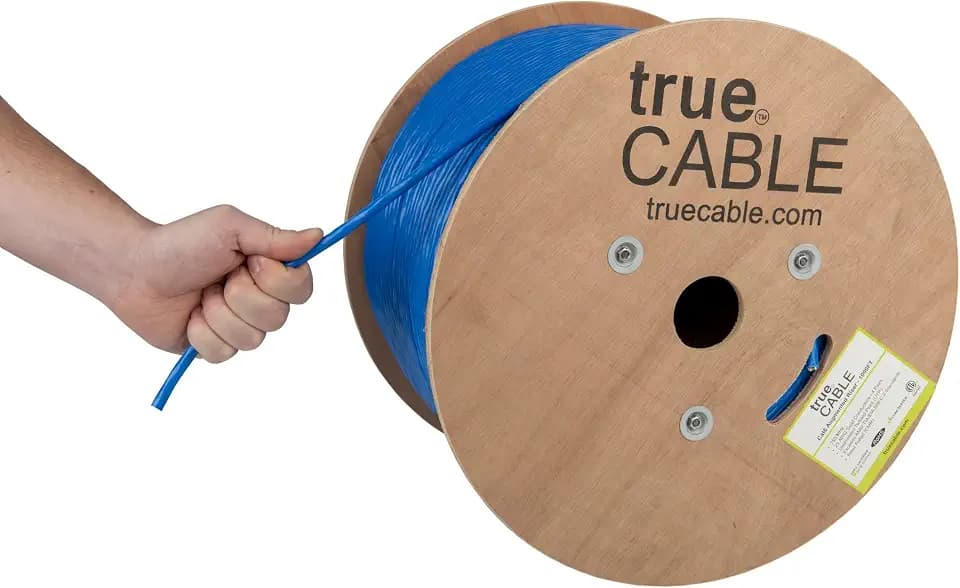 TRUE CABLE Cat6A Riser (CMR), Bulk Ethernet Cable, 1000ft, Blue, 23AWG Solid Bare Copper, Unshielded Twisted Pair (U/UTP), 750MHz, PoE++ 100W, ETL Listed